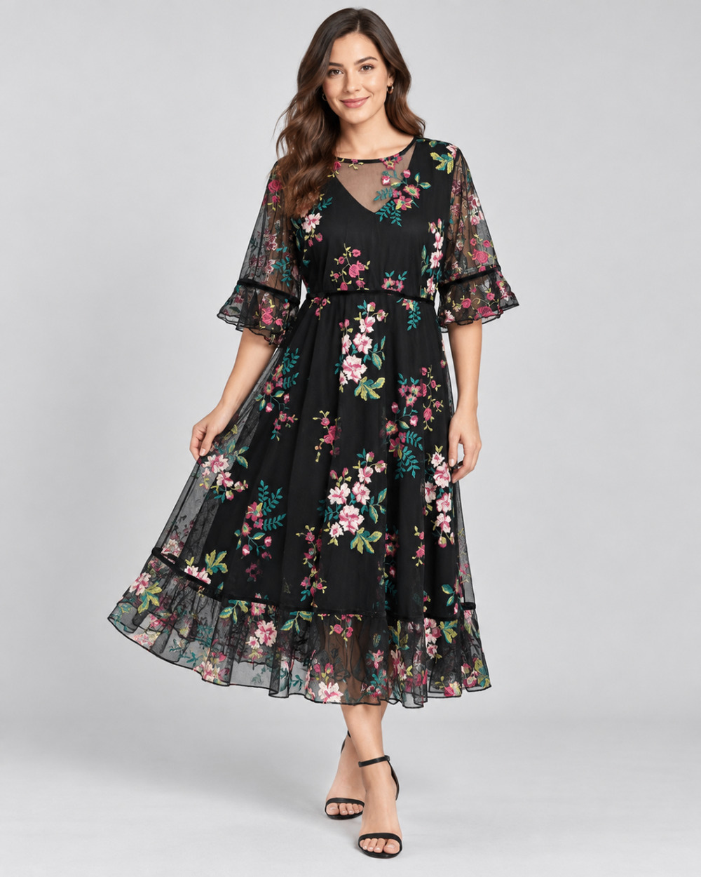 Kiyonna 1X Black Embroidered Mesh Dress NWT Plus Size Floral Midi Sheer Sleeve
